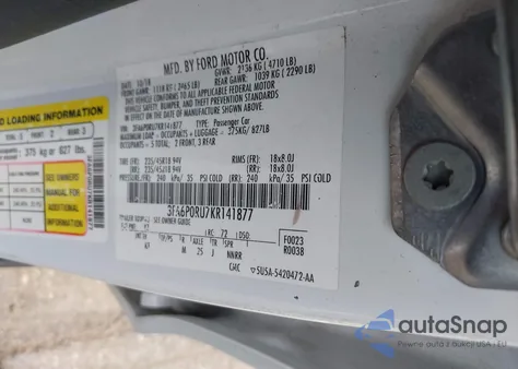 2019 Ford Fusion Hybrid Titanium из США, поврежденный, VIN 3FA6P0RU7KR141877